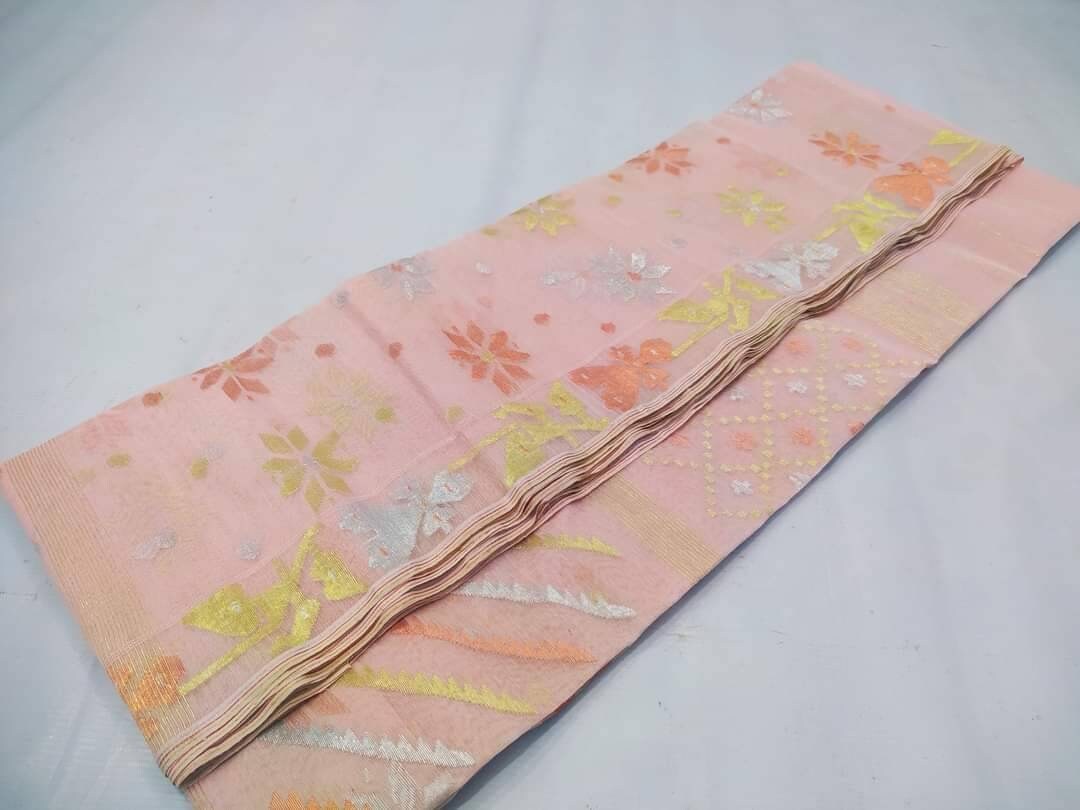 Dhakai Jamdani Saree, Light Peach Color, Handloomed HalfSilk Jamdani 100 count threaded, Traditional,Elegant, Classy Party Saree