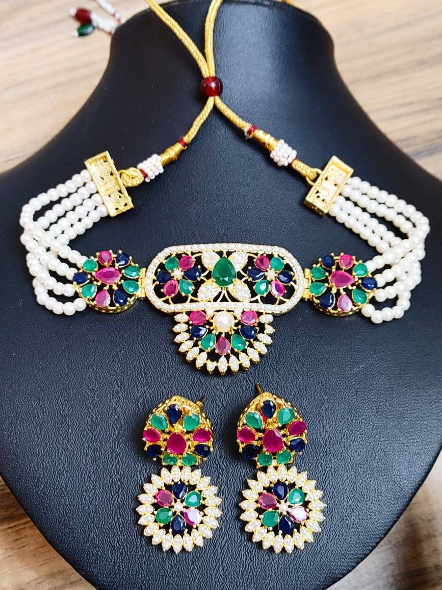 Jaypuri Chokar Set, Beautiful Multi Color AD stone and Faux Pearl Set. Simple but elegant jewelry for party