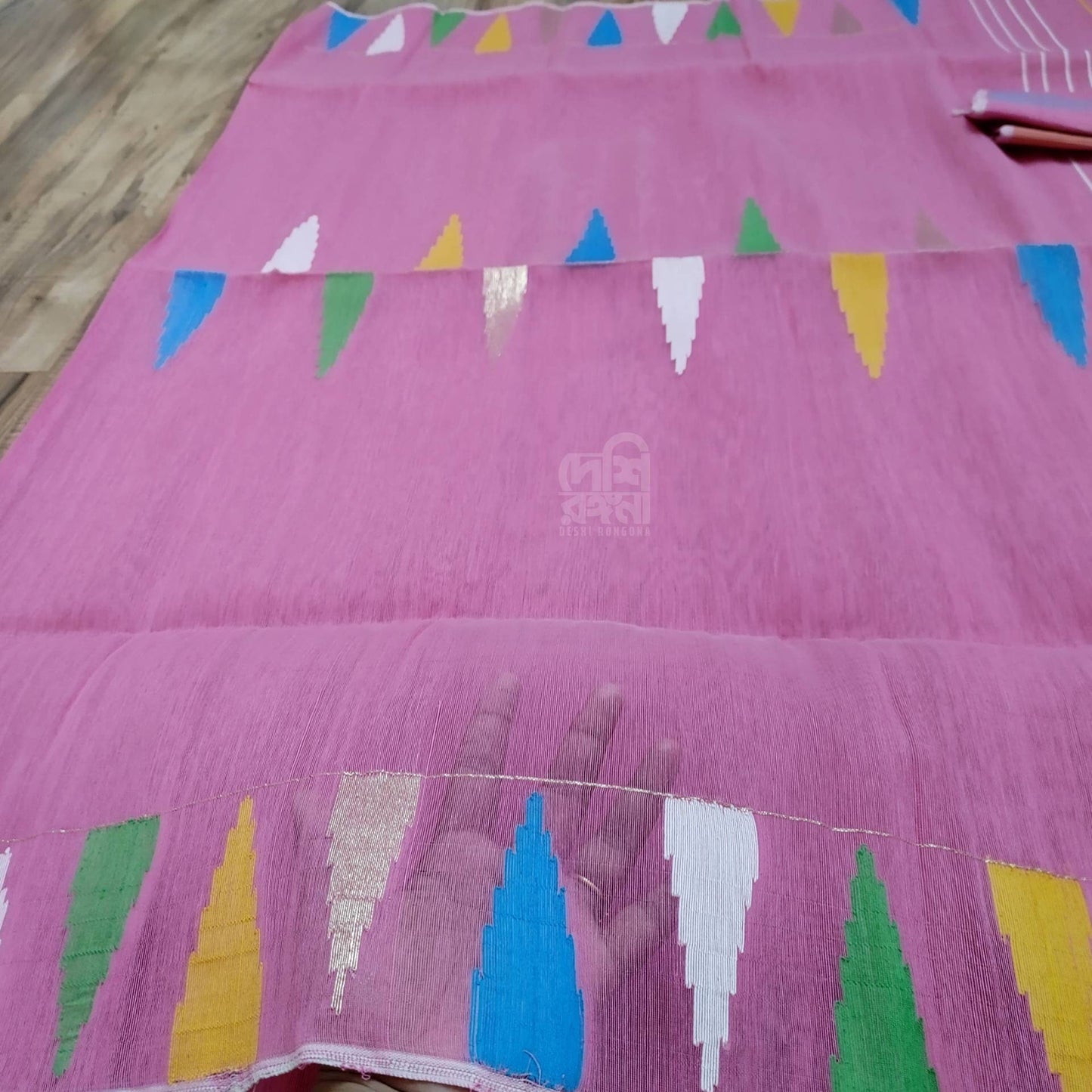 riginal Dhakai Jamdani Saree, Beautiful Pink, Multi-Color Contrast, Handwoven 40 Count Thread