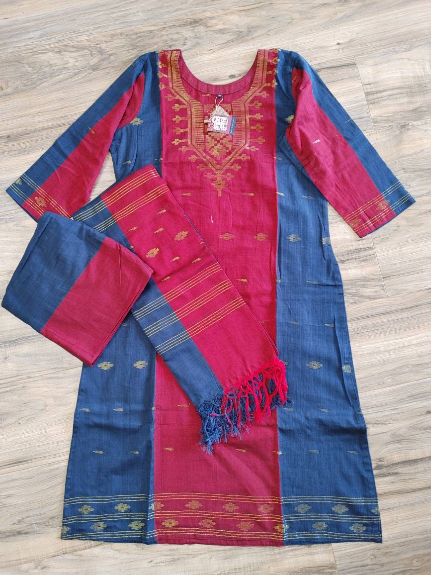 Oversize Handloom Dhakai Jamdani Cotton 3 piece, Maroon - Navy Blue Color with Golden Zari, Comfortable Summer Wear, Kamij-Dupatta-Salwar