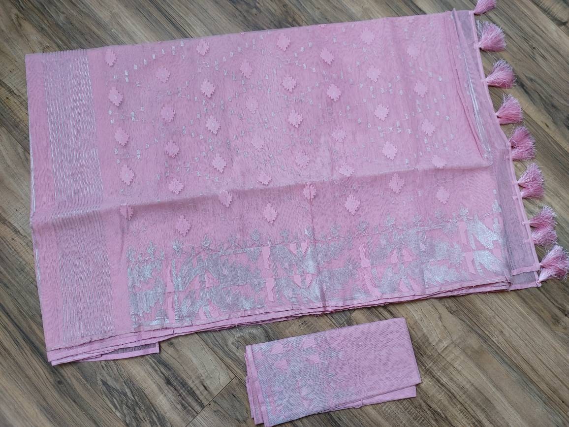 Exclusive Dhakai Handloom Jamdani Saree, Baby Pink with Silver Jari work allover, 64 count thread, Traditional,Elegant, Classy Party Saree