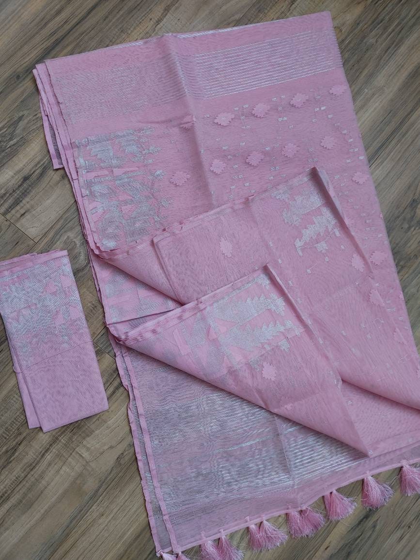 Exclusive Dhakai Handloom Jamdani Saree, Baby Pink with Silver Jari work allover, 64 count thread, Traditional,Elegant, Classy Party Saree