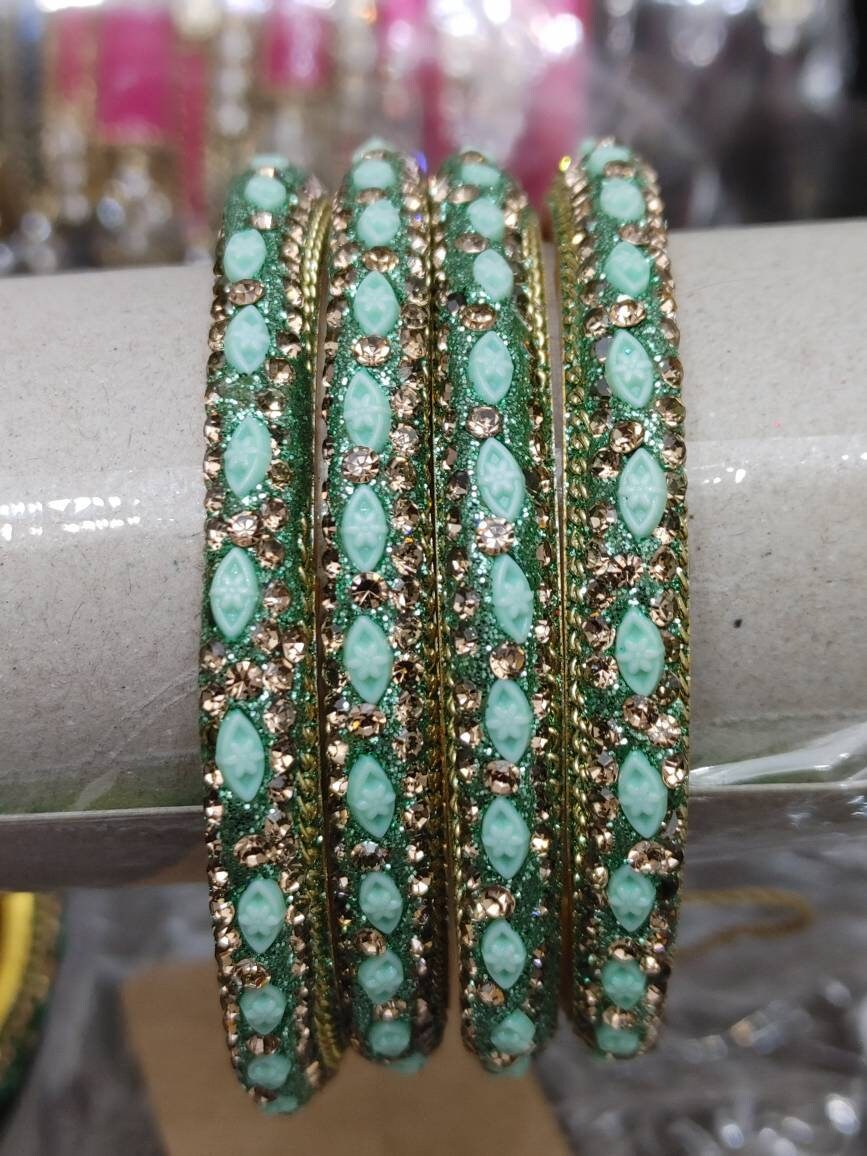 Zari Bangles, Long lasting Florescent Colors with detailed Stone and glitter work, Indian Wedding, Bridal Bangles - Bridesmaid Party Jewelry