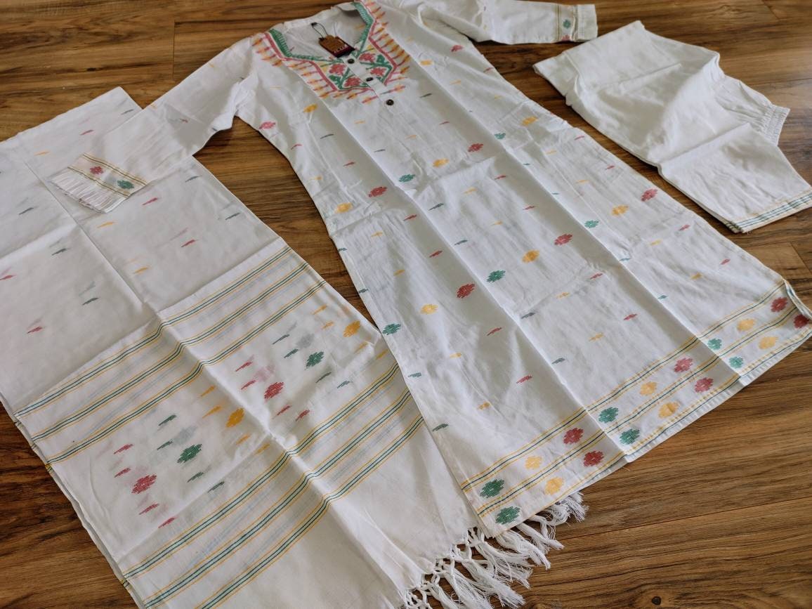 Handwoven White Dhakai Jamdani Cotton 3-Piece Set