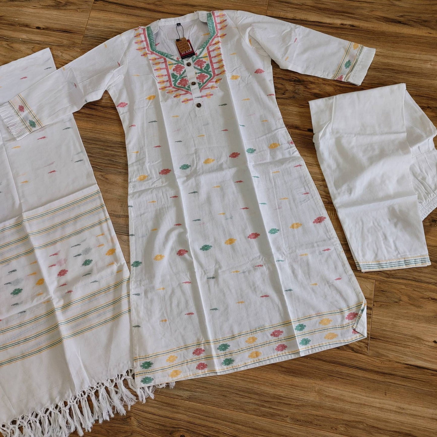 Handwoven White Dhakai Jamdani Cotton 3-Piece Set