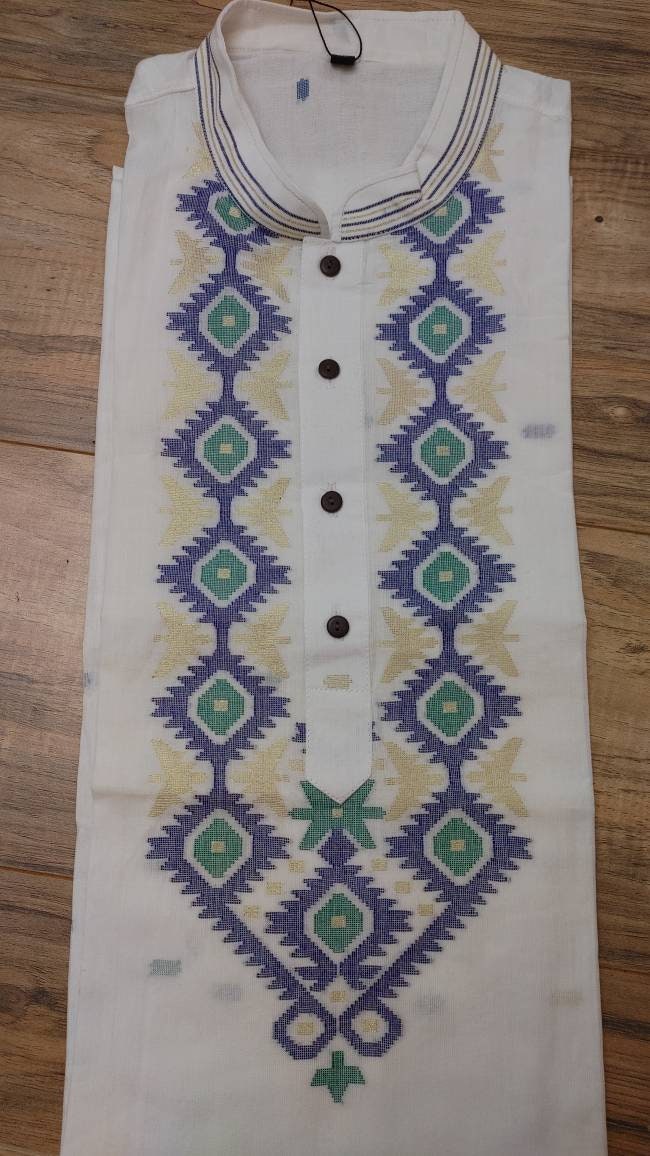 Pure Cotton Dhakai Jamdani White Punjabi, Handloom, Comfortable, Elegant, Made in Dhaka, Bangladesh. Aarong Loose Fitting