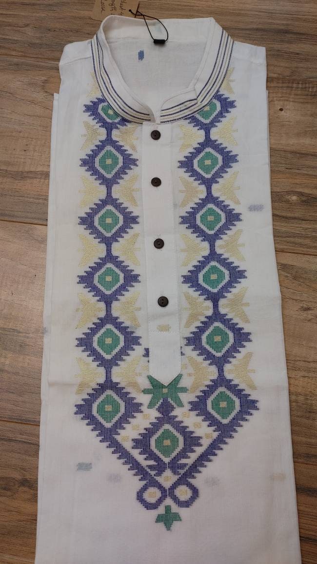 Pure Cotton Dhakai Jamdani White Punjabi, Handloom, Comfortable, Elegant, Made in Dhaka, Bangladesh. Aarong Loose Fitting