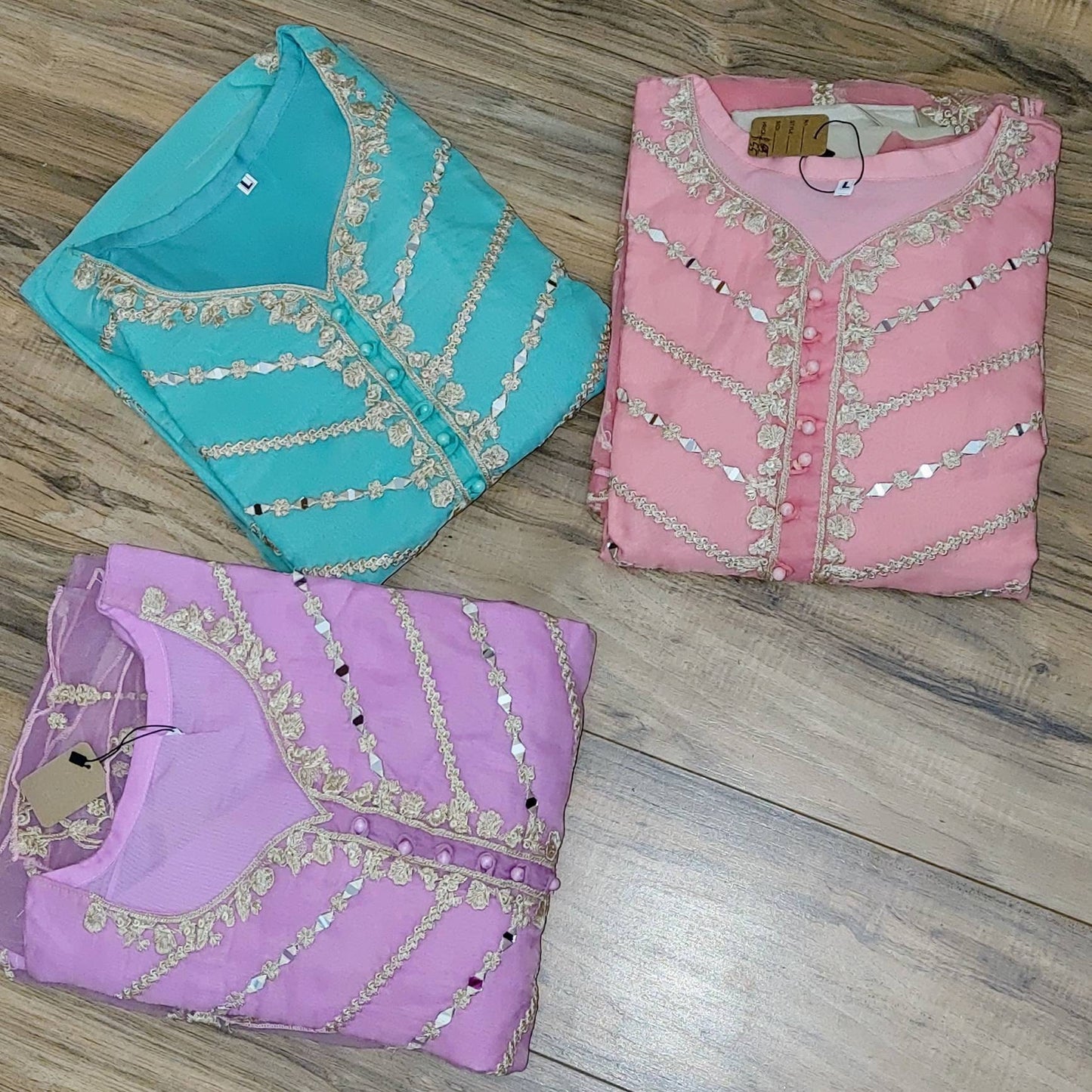 Pakistani Organza Dress, Beautiful Real Mirror and Embroidery work, Attached Silk inner, and Pant, Available in 3 Colors
