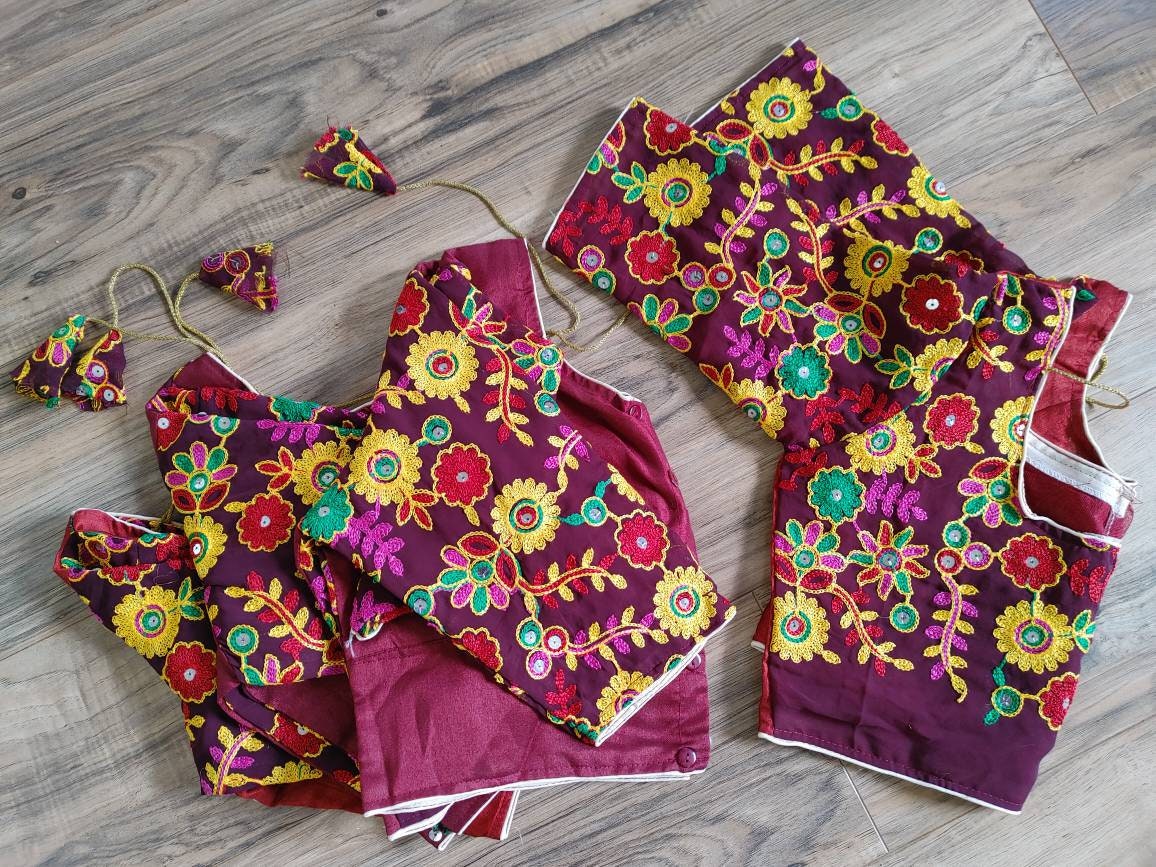 Maroon Blouse, Readymade Marron Pulkari Rajasthani Blouse that goes with any saree collection you have in your closet