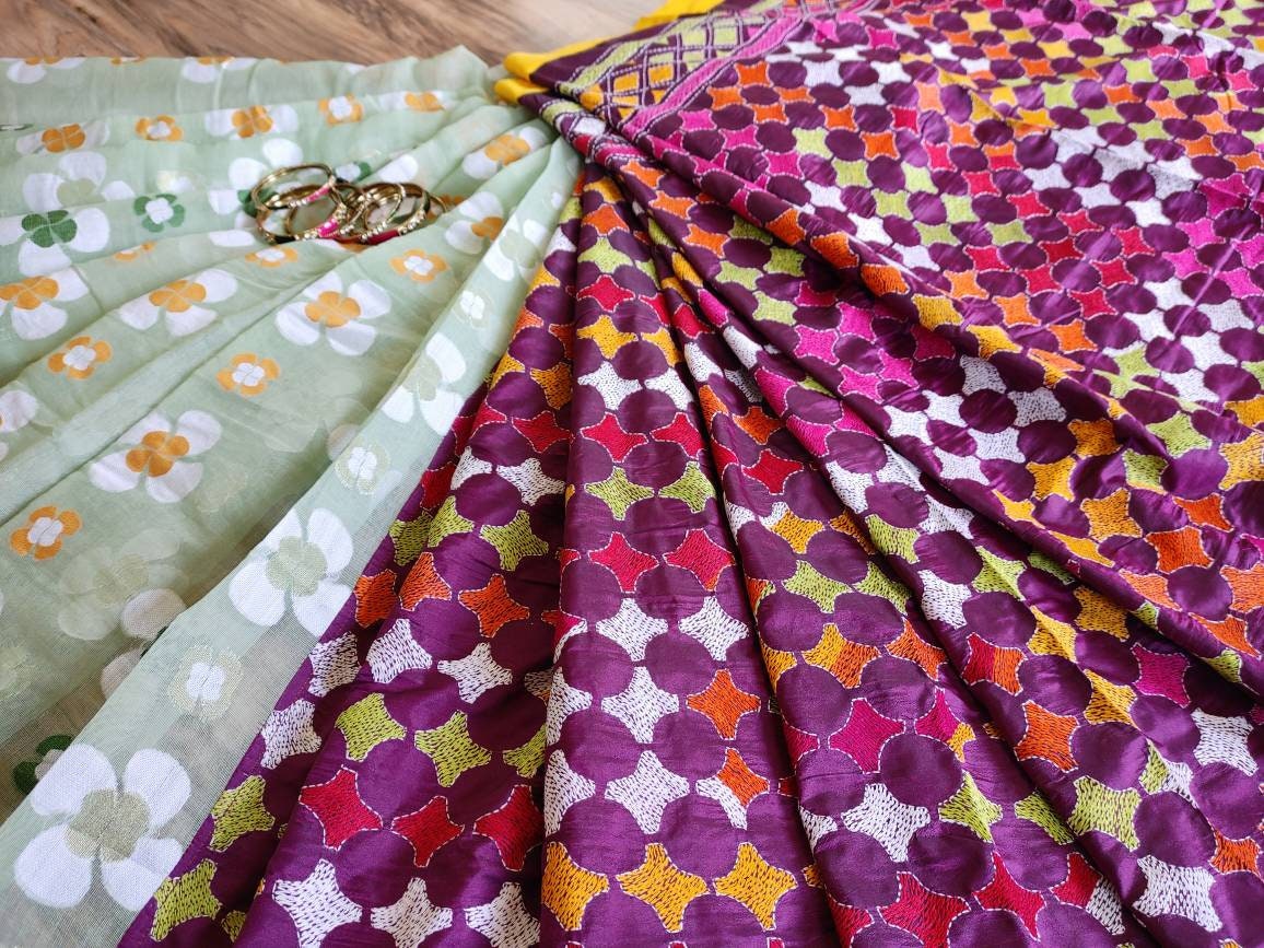 Jamdani Kantha Saree, Burgundy Bangalore Silk with Multi thread work running blouse piece, Elegant, Extraordinary, Classy Jam/Kantha Saree