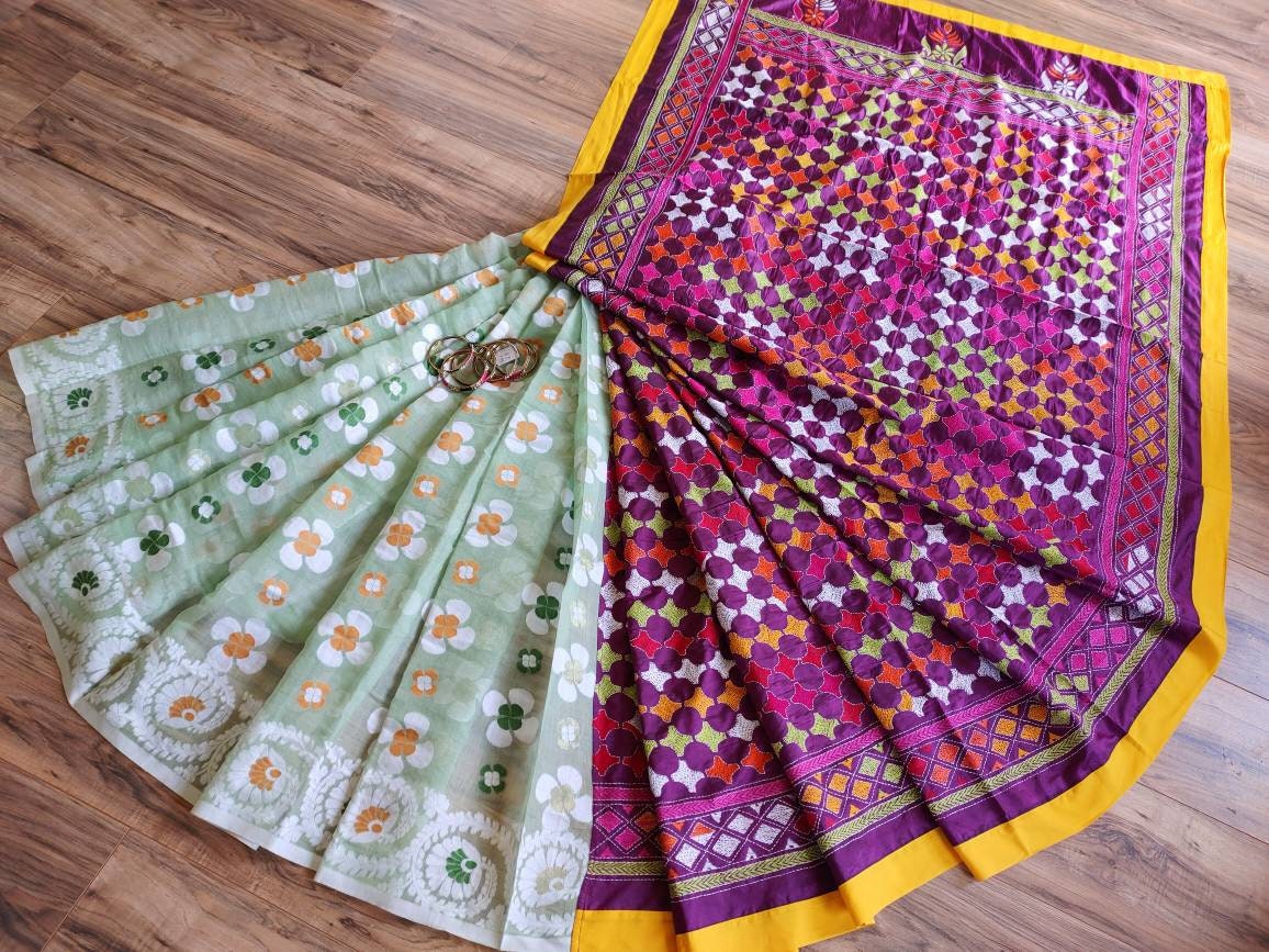 Jamdani Kantha Saree, Burgundy Bangalore Silk with Multi thread work running blouse piece, Elegant, Extraordinary, Classy Jam/Kantha Saree