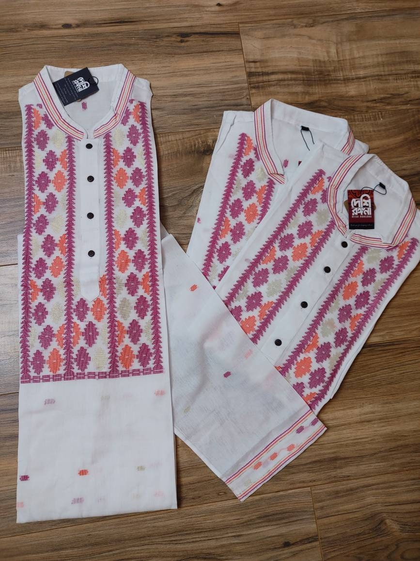 Original Dhakai Jamdani Men Punjabi, Pure Cotton, Handwoven, Comfortable, Elegant, Made in Dhaka, Bangladesh, Loose Fitting