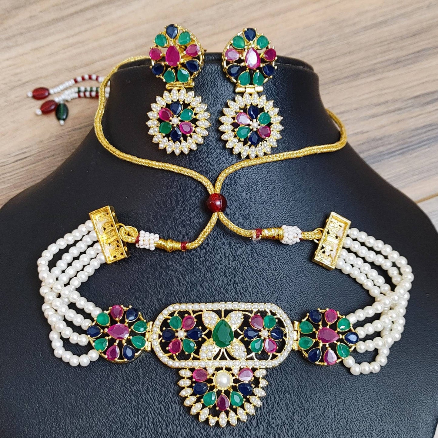 Jaypuri Chokar Set, Beautiful Multi Color AD stone and Faux Pearl Set. Simple but elegant jewelry for party