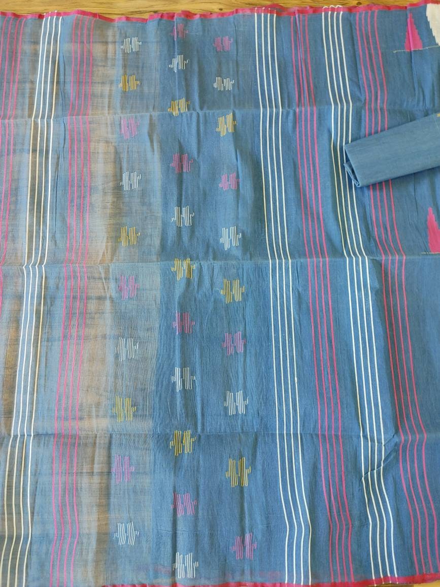 Original Dhakai Jamdani Saree, Gray with multi thread temple work, Handloom Halfsilk 40 count thread,Traditional, Elegant, Classy Saree