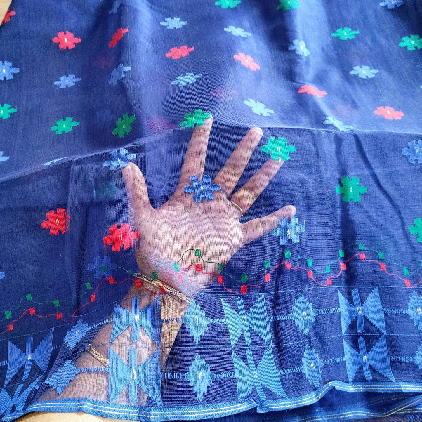 Original Dhakai Handloom Jamdani Saree, Blue Peacock color, multi color work allover, Halfsilk, 84 count, Elegant, Classy, Bangladeshi Saree