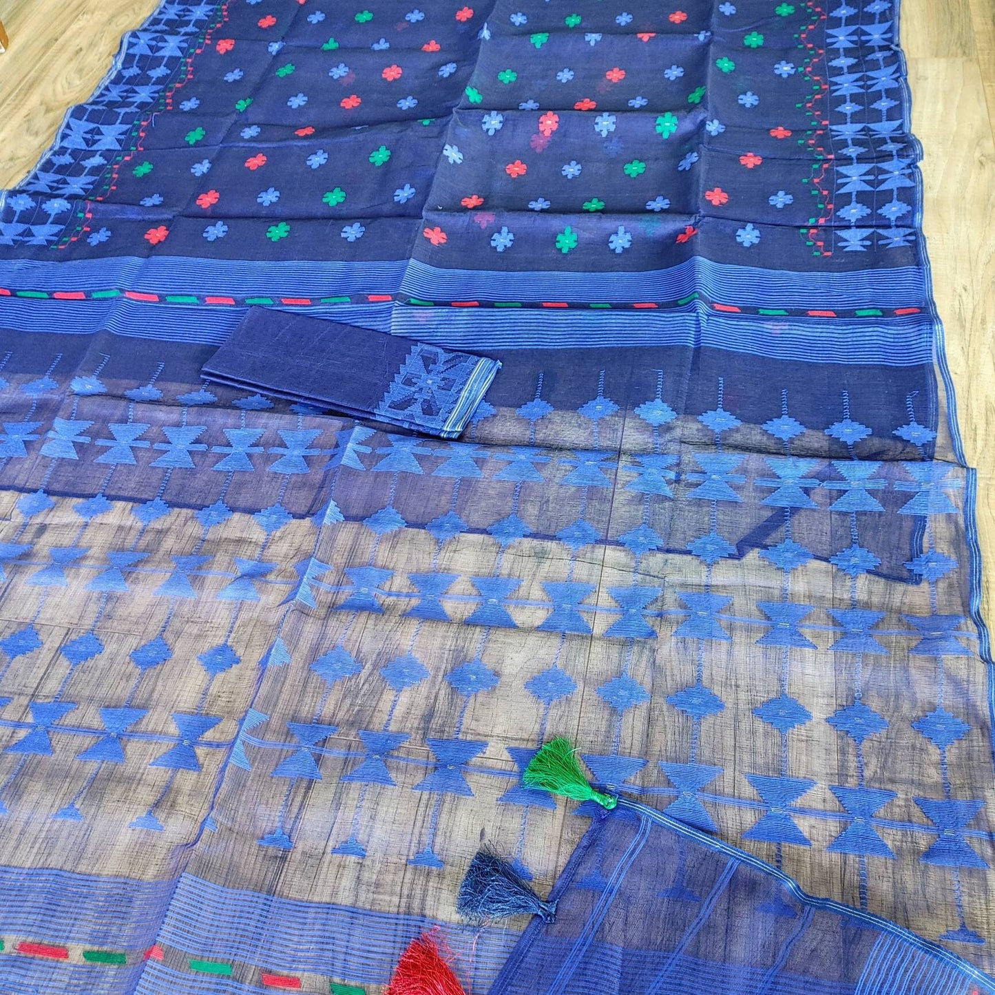 Original Dhakai Handloom Jamdani Saree, Blue Peacock color, multi color work allover, Halfsilk, 84 count, Elegant, Classy, Bangladeshi Saree