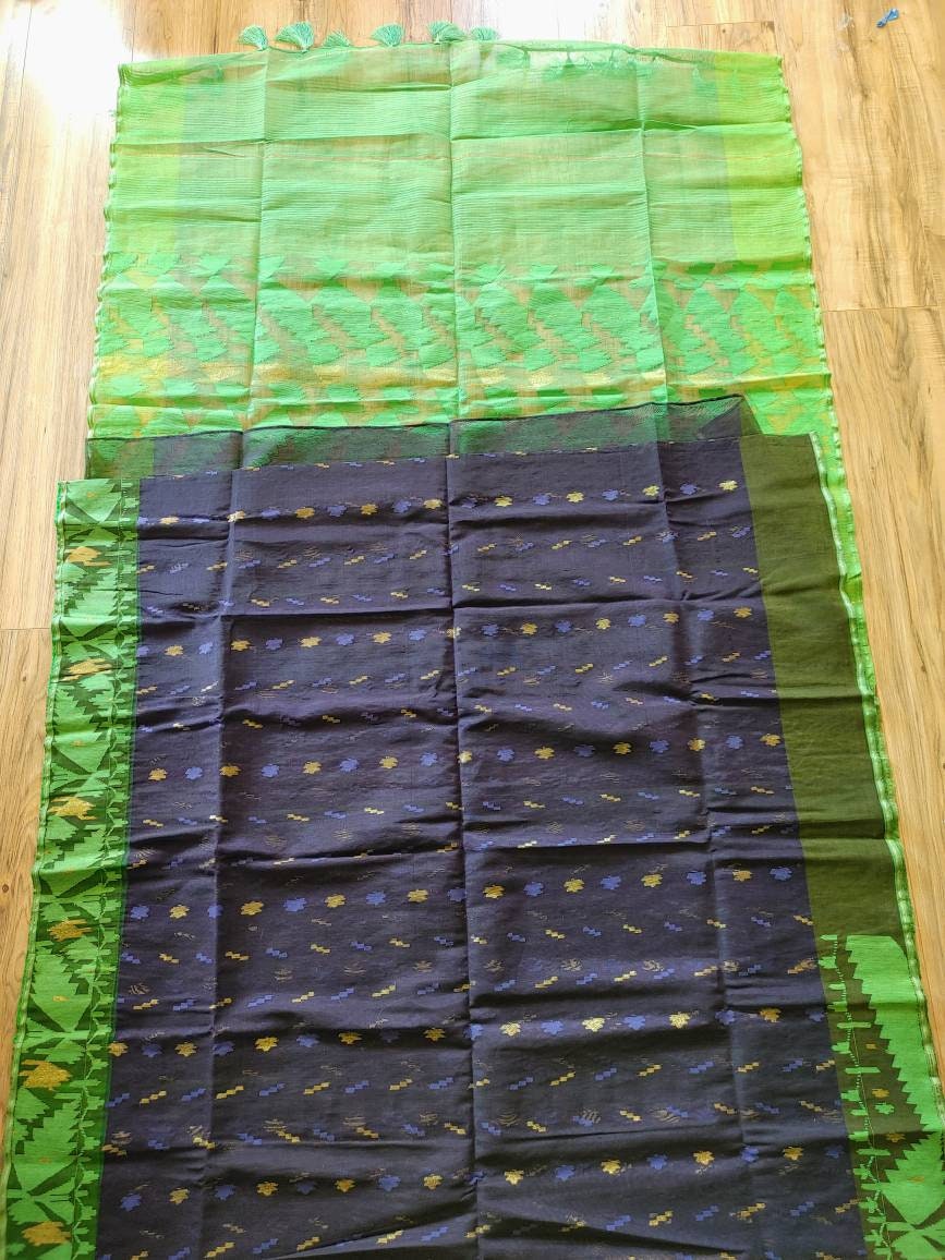 Dhakai Jamdani Saree, Navy Blue and Green Contrast work, 84 count thread, Bangladeshi, Handwoven, Halfsilk, Traditional,Elegant,Classy Saree