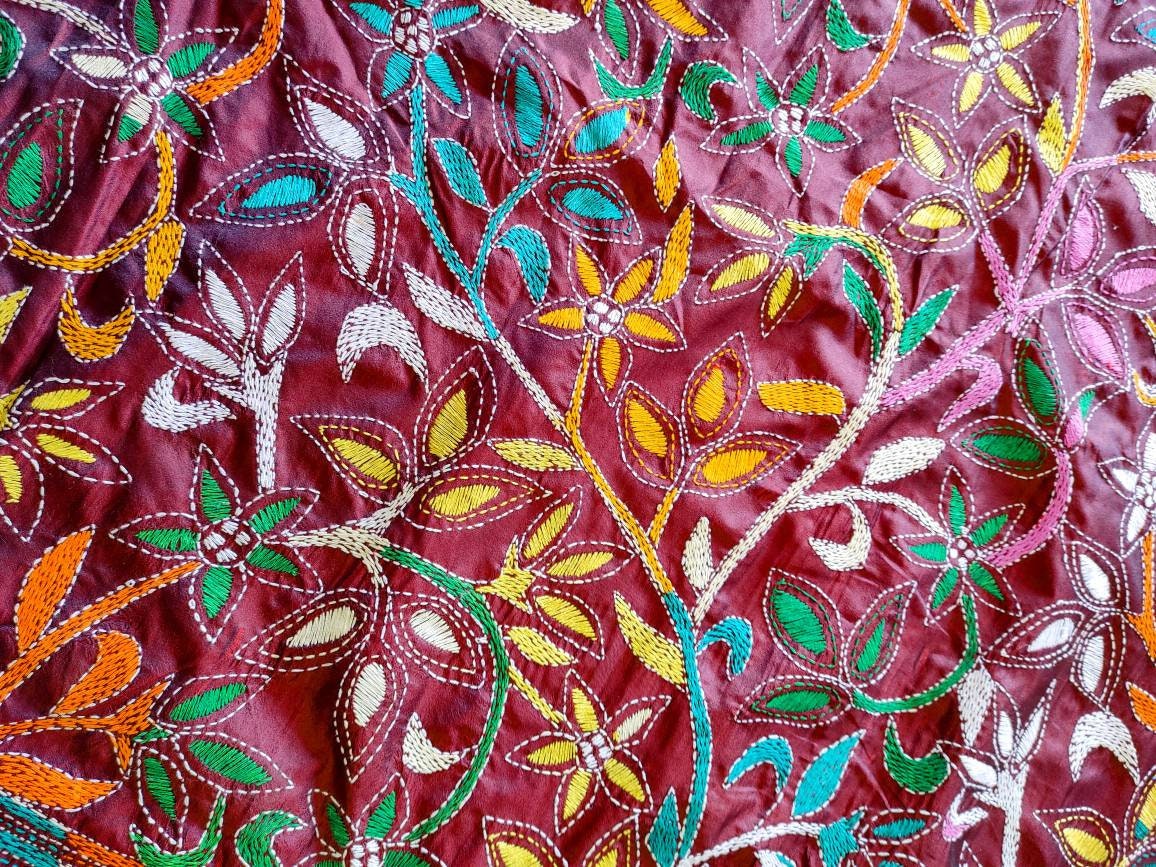 Extraordinary Hand Stiched Kantha Saree, Maroon Bangalore Silk with Multi color Kantha Works, running blouse piece, Elegant,Classy Saree