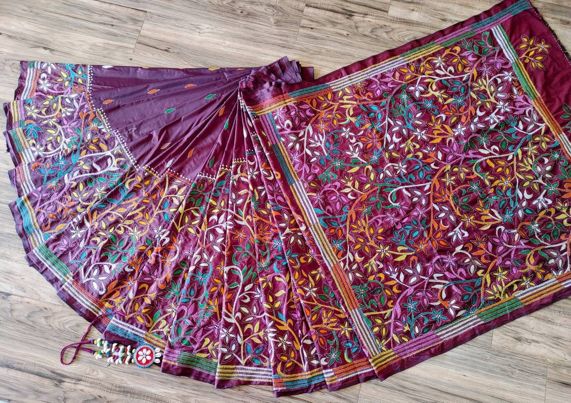 Extraordinary Hand Stiched Kantha Saree, Maroon Bangalore Silk with Multi color Kantha Works, running blouse piece, Elegant,Classy Saree