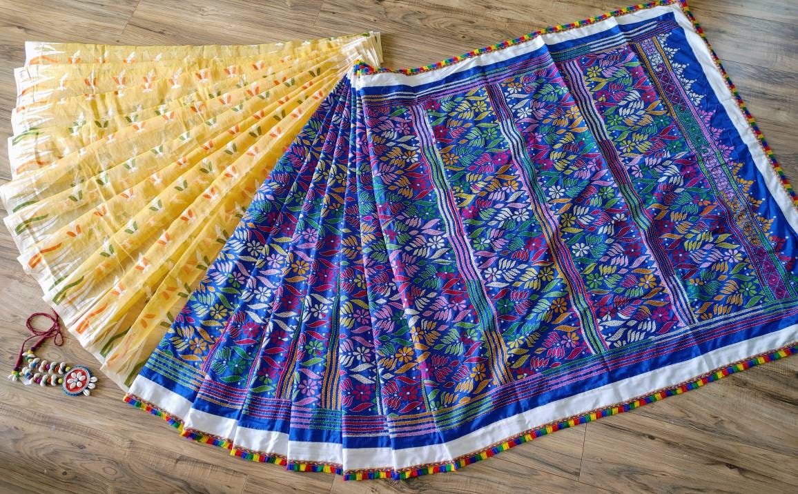 Extraordinary Hand Stiched Kantha Saree, Half Jamdani, Half Bangalore Silk with Multi color Kantha Works,running blouse piece, Elegant Saree