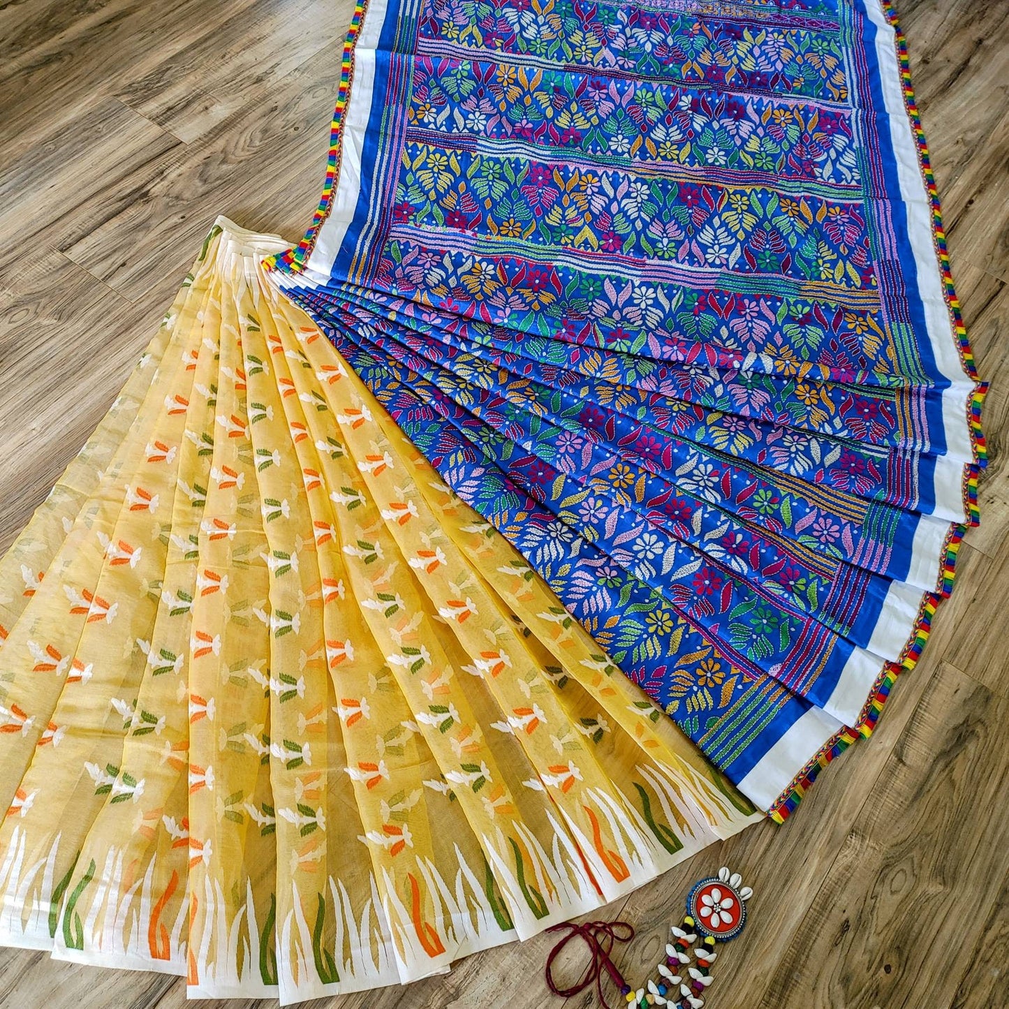 Extraordinary Hand Stiched Kantha Saree, Half Jamdani, Half Bangalore Silk with Multi color Kantha Works,running blouse piece, Elegant Saree