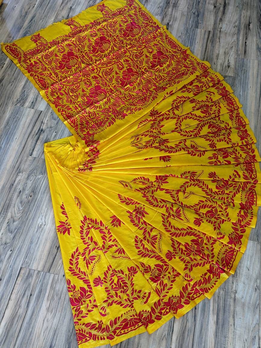 Extraordinary Hand Stiched Kantha Saree, Yellow Bangalore Silk with Red Kantha Works Allover, running blouse piece, Elegant,Classy Saree