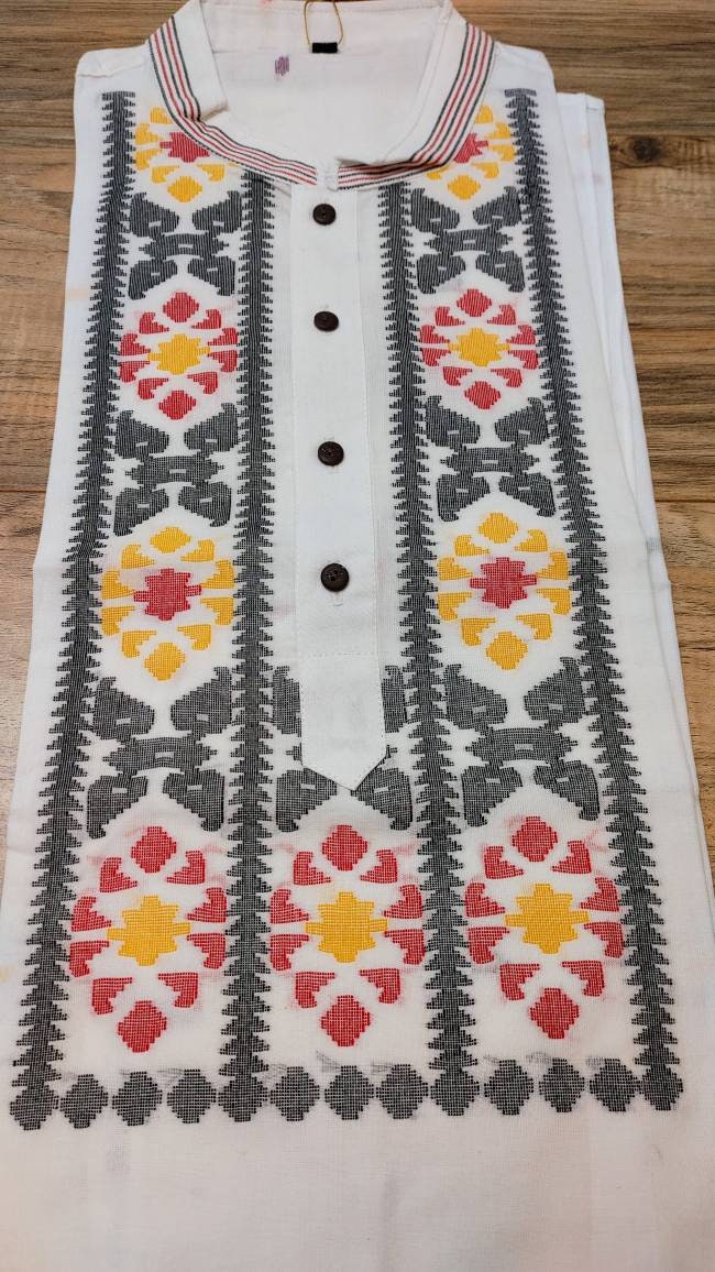 Pure Cotton Dhakai Jamdani White Punjabi, Handloom, Comfortable, Elegant, Made in Dhaka, Bangladesh. Slim Fitting