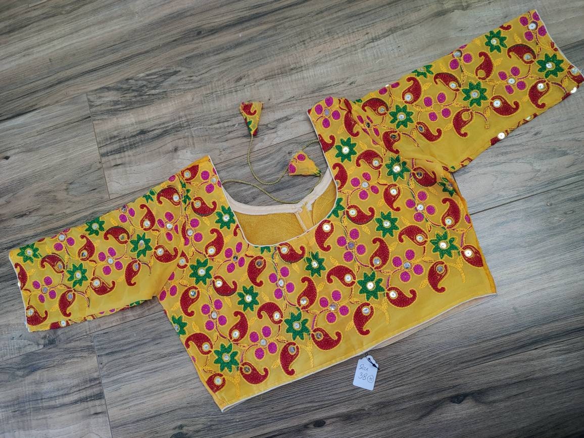 Elegant Readymade Yellow Pulkari Rajasthani Blouse that goes with any saree collection you have in your closet