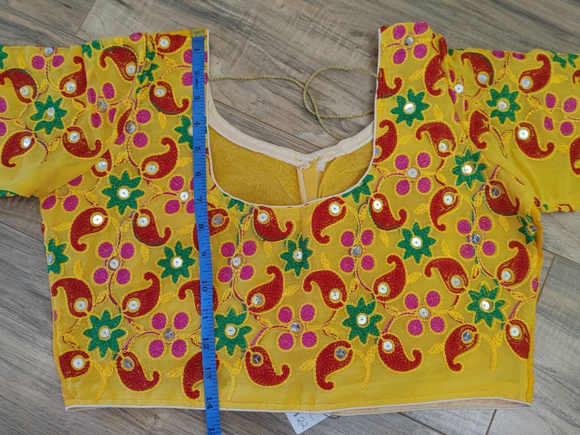 Elegant Readymade Yellow Pulkari Rajasthani Blouse that goes with any saree collection you have in your closet