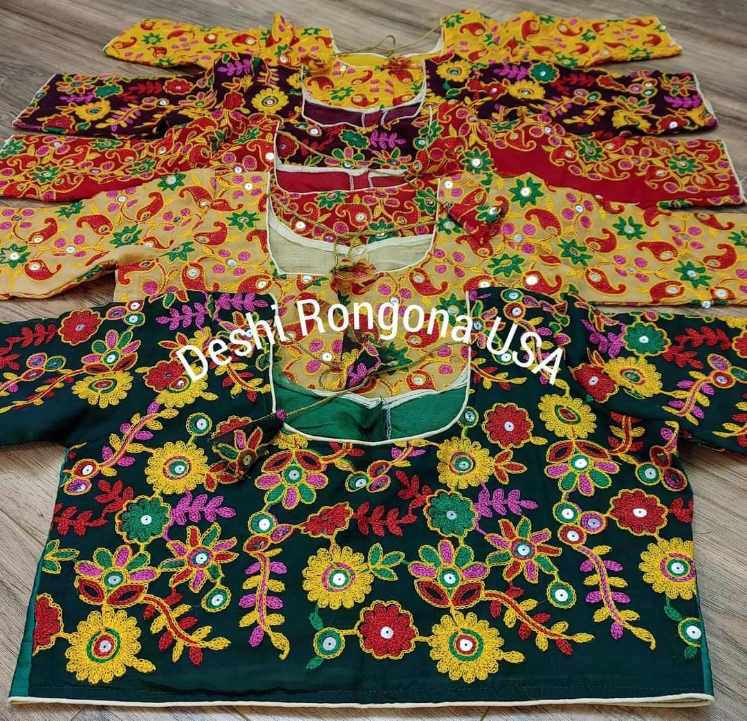 Elegant Readymade Green Pulkari Rajasthani Blouse that goes with any saree collection you have in your closet