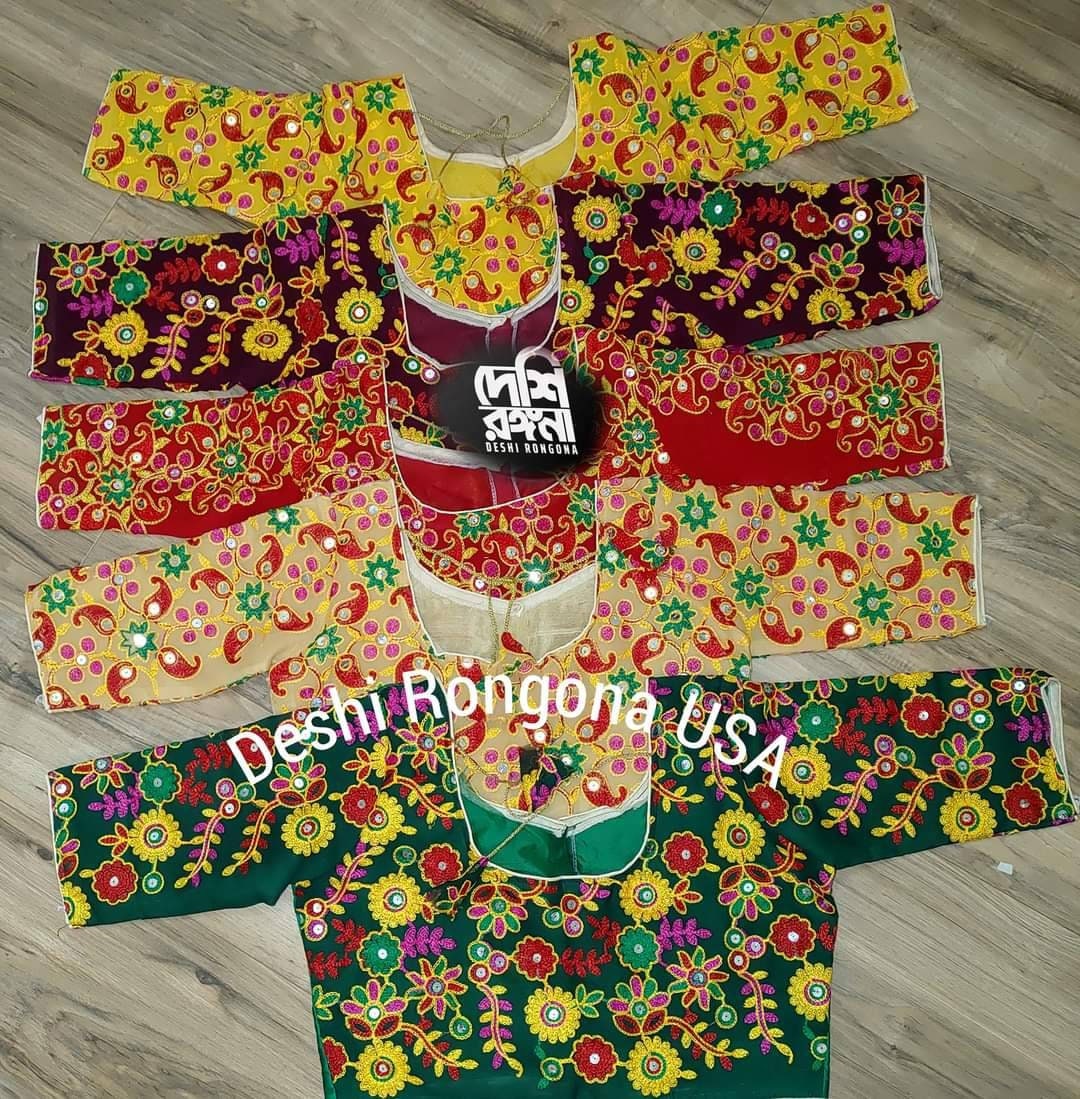 Elegant Readymade Green Pulkari Rajasthani Blouse that goes with any saree collection you have in your closet