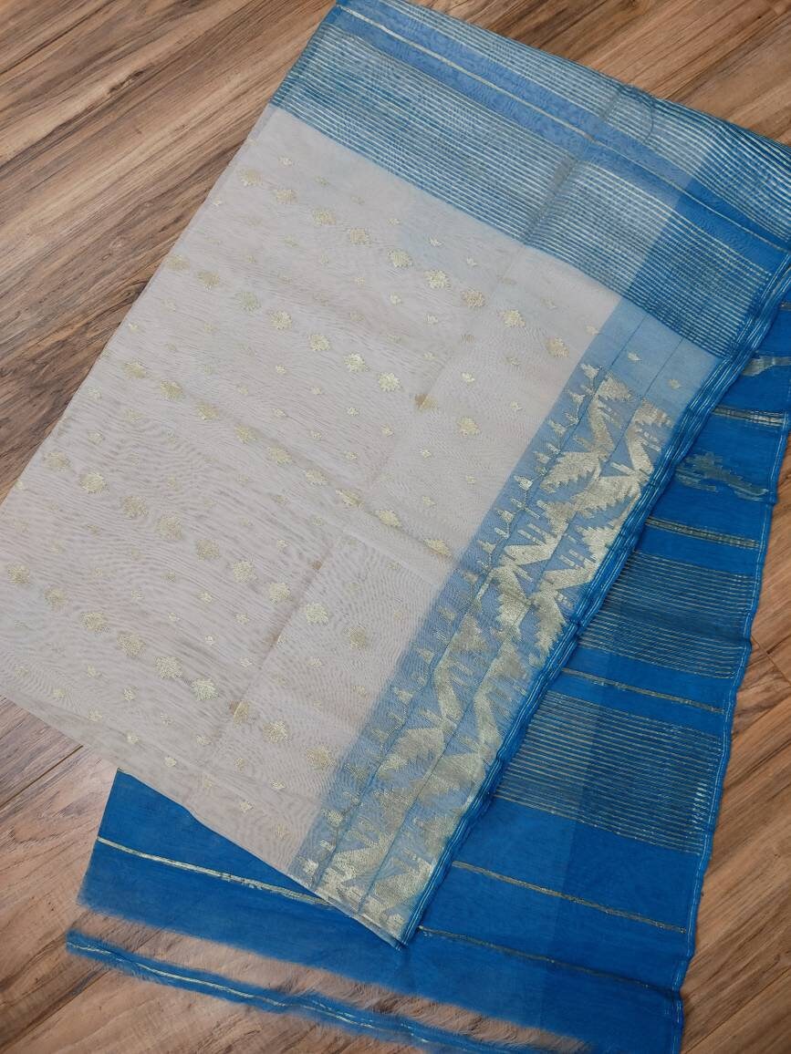 Dhakai Jamdani Saree, White Blue Contrast, Handloomed HalfSilk Jamdani 84 count threaded, Traditional,Elegant, Classy Party Saree