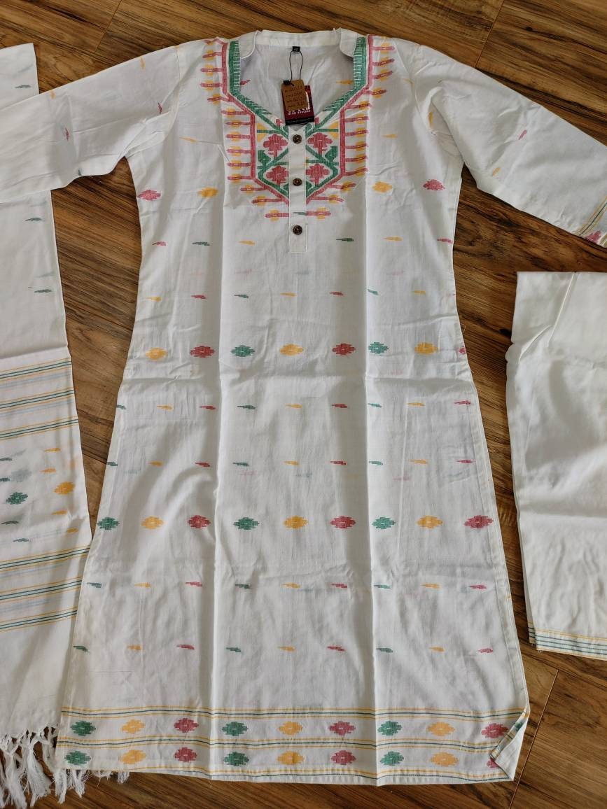 Handwoven White Dhakai Jamdani Cotton 3-Piece Set