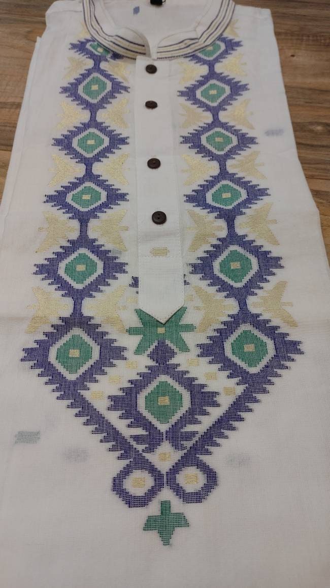 Pure Cotton Dhakai Jamdani White Punjabi, Handloom, Comfortable, Elegant, Made in Dhaka, Bangladesh. Aarong Loose Fitting