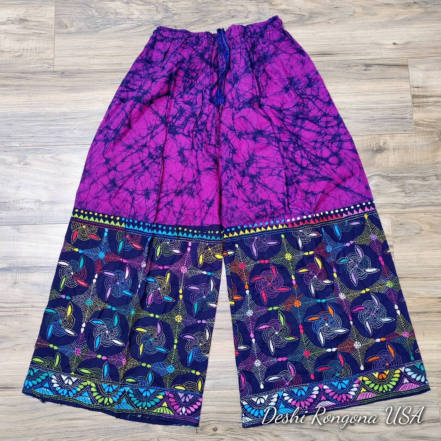 Batik Palazzo, Pure Cotton Vegetable Tie Died Palazzo with Beautiful Hand Kantha Stitched Floral Thread Work, Comfortable Trendy Summer Wear