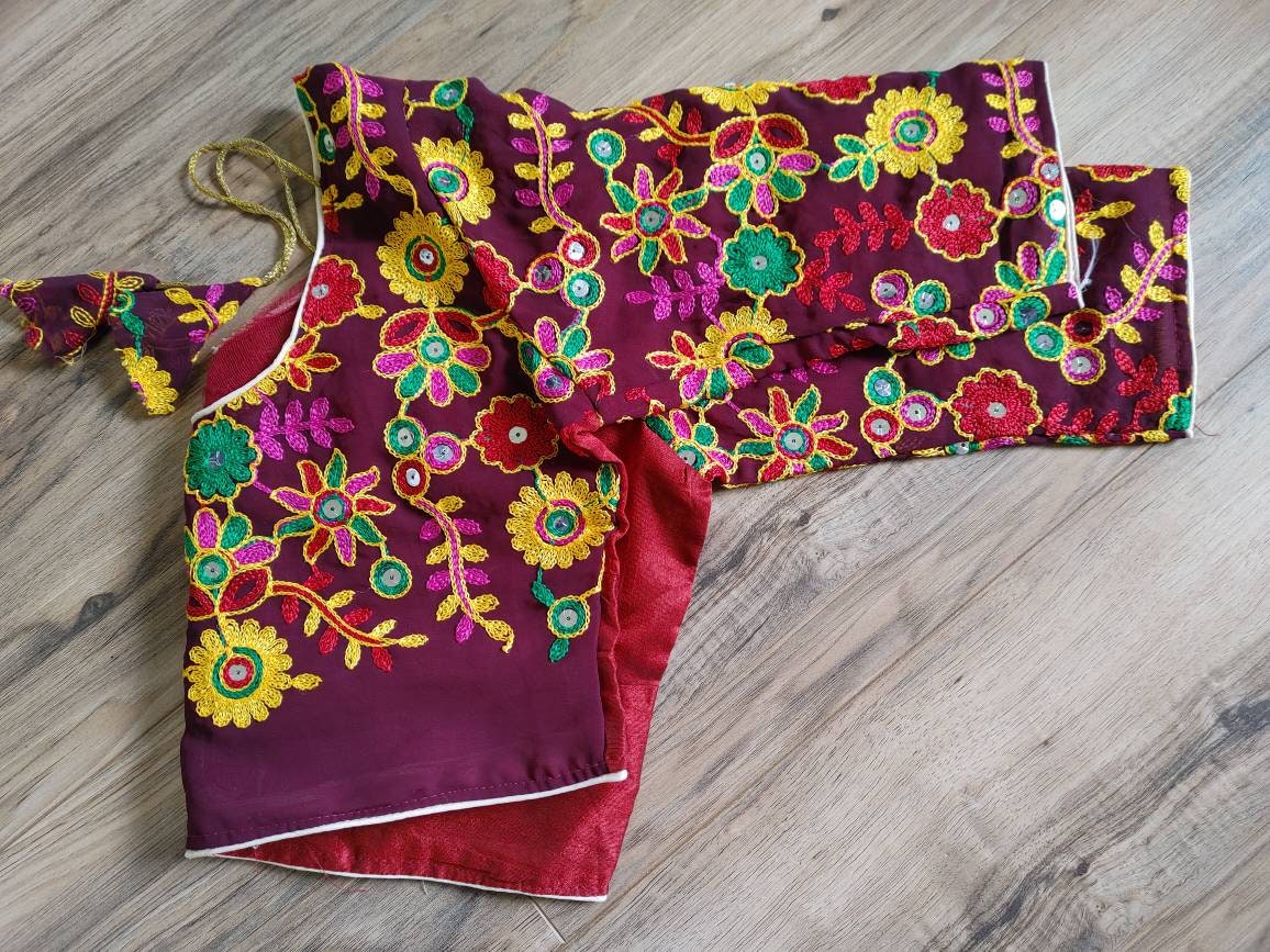 Maroon Blouse, Readymade Marron Pulkari Rajasthani Blouse that goes with any saree collection you have in your closet