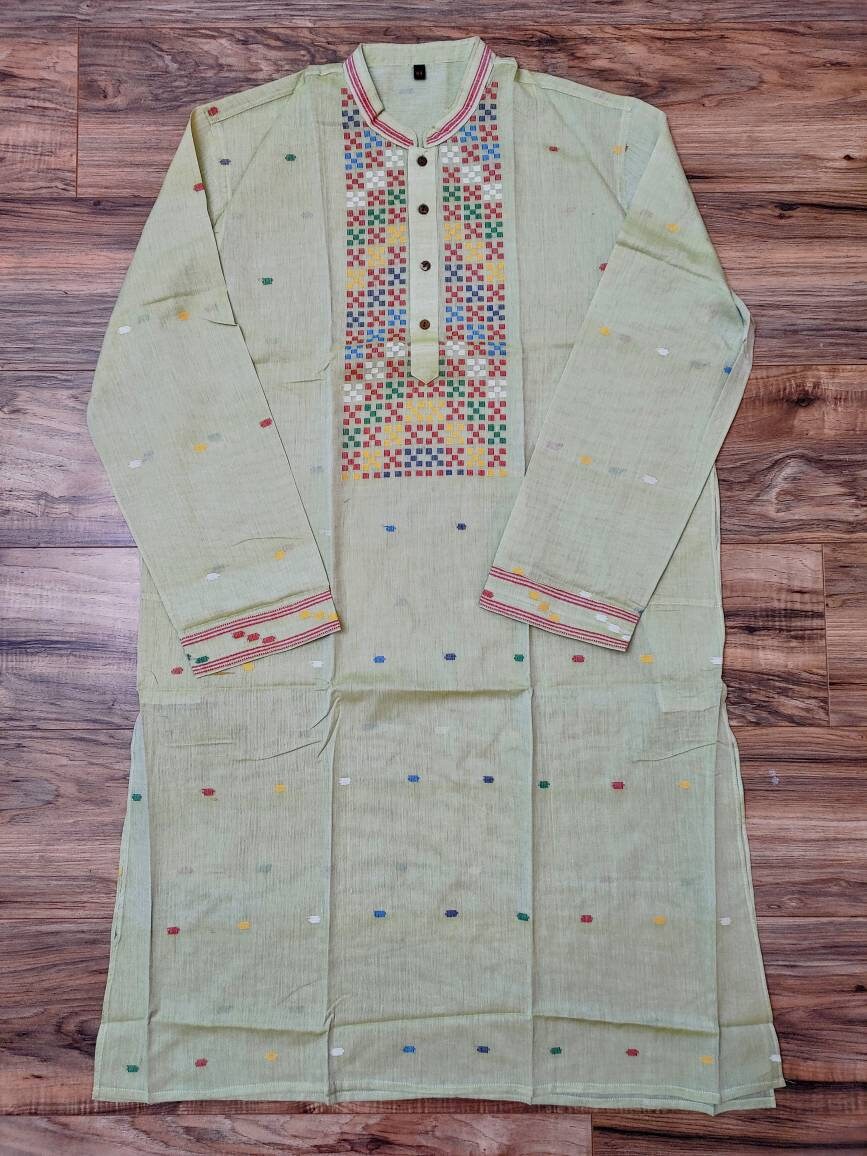 Pure Cotton Dhakai Jamdani Light Lime Punjabi, Handloom, Comfortable, Elegant, Made in Dhaka, Bangladesh. Slim Fitting