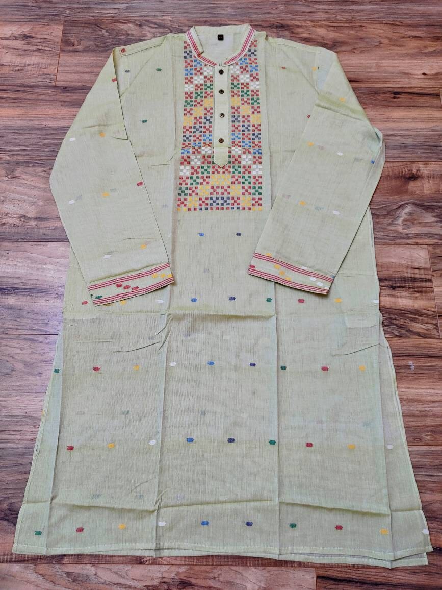 Pure Cotton Dhakai Jamdani Light Lime Punjabi, Handloom, Comfortable, Elegant, Made in Dhaka, Bangladesh. Slim Fitting