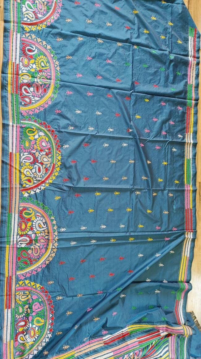 Extraordinary Hand Stiched Kantha Saree, Crystal Teal Color Bangalore Silk with Multi Kantha Works, running blouse, Elegant,Classy Saree