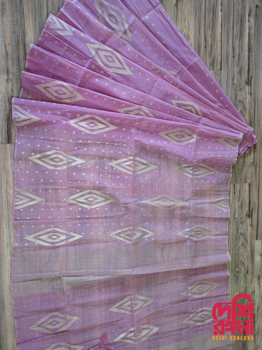 Original Dhakai Jamdani Saree, Beautiful Onion Pink and Golden thread work, Handloom, 80 count, Traditional,Elegant, Classy Party Saree