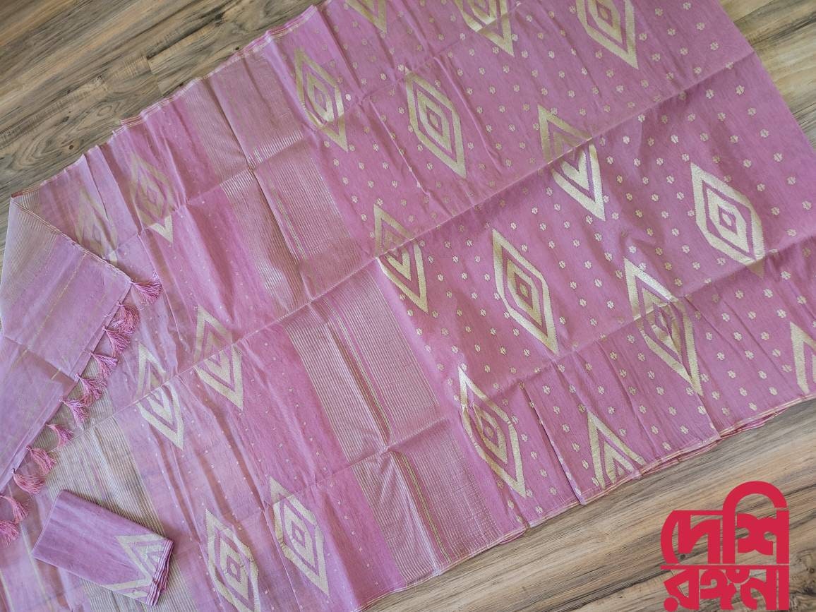 Original Dhakai Jamdani Saree, Beautiful Onion Pink and Golden thread work, Handloom, 80 count, Traditional,Elegant, Classy Party Saree