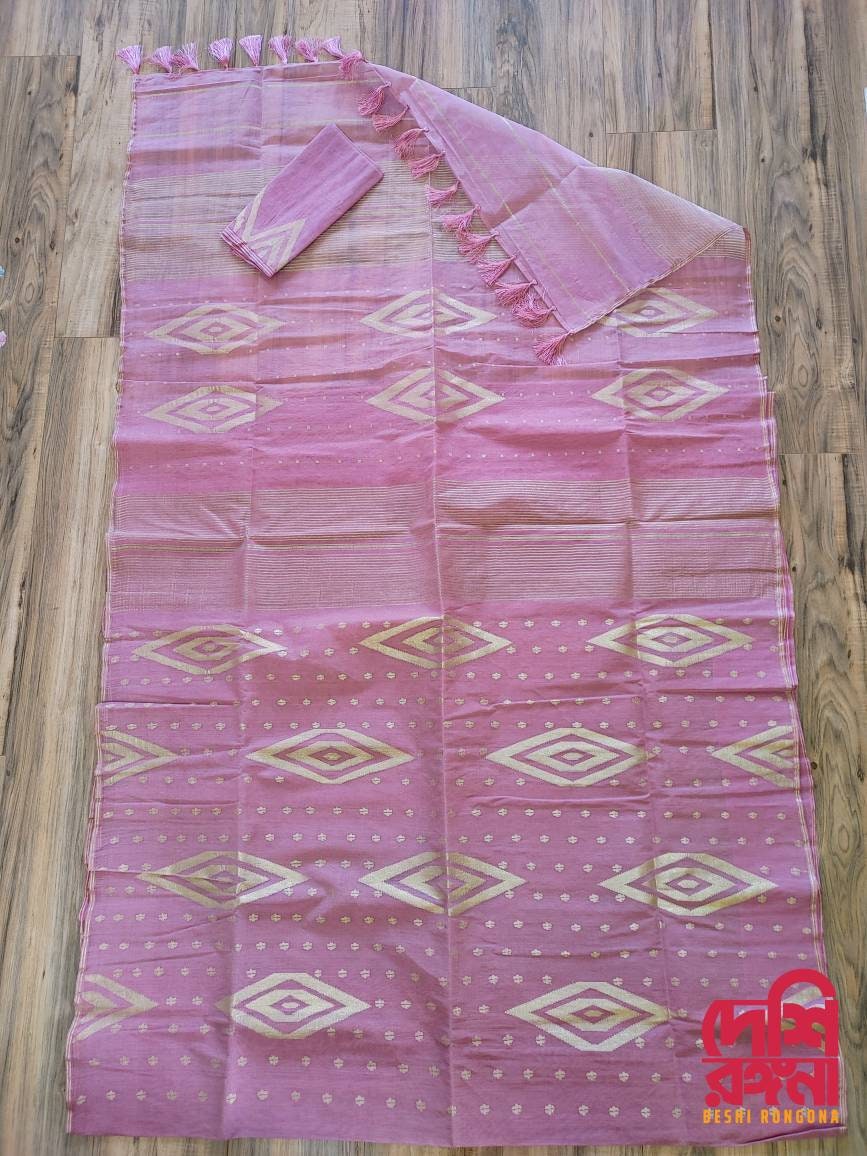 Original Dhakai Jamdani Saree, Beautiful Onion Pink and Golden thread work, Handloom, 80 count, Traditional,Elegant, Classy Party Saree