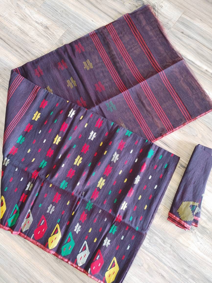 Bangladeshi Dhakai Jamdani Saree Coffee Color With Multi threa work, Halfsilk, Handloom Jamdani 40 count, Traditional, Elegant, Classy Saree