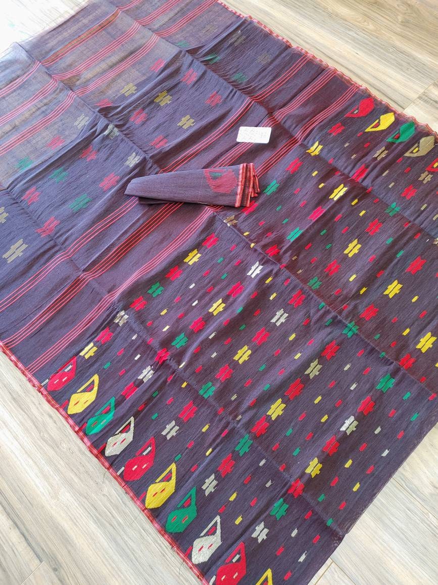 Bangladeshi Dhakai Jamdani Saree Coffee Color With Multi threa work, Halfsilk, Handloom Jamdani 40 count, Traditional, Elegant, Classy Saree