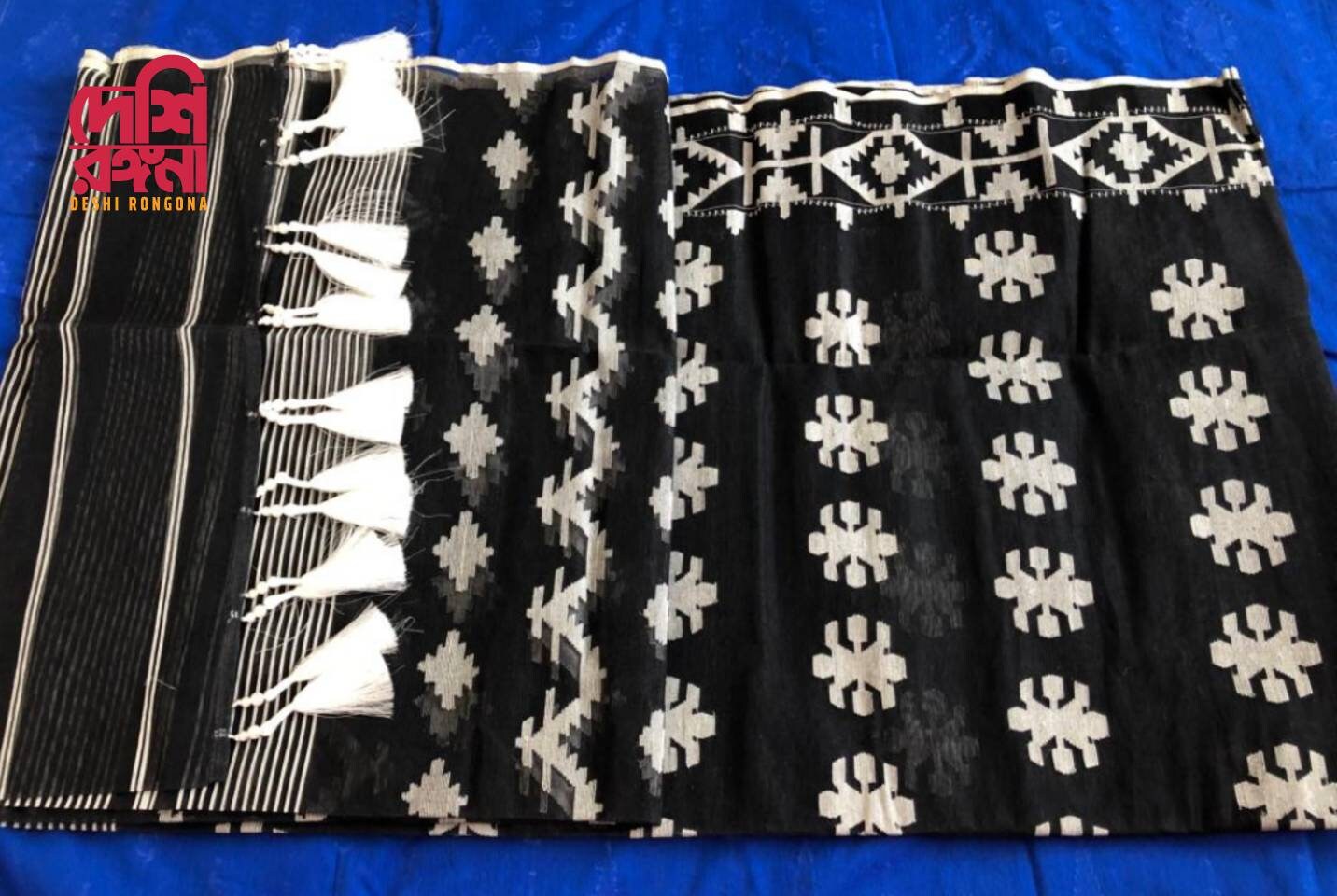 Original Dhakai Jamdani Saree, Handwoven Black and white contrast, 84 count, Halfsilk, Traditional, Classy Saree, Fall piko Tassle done