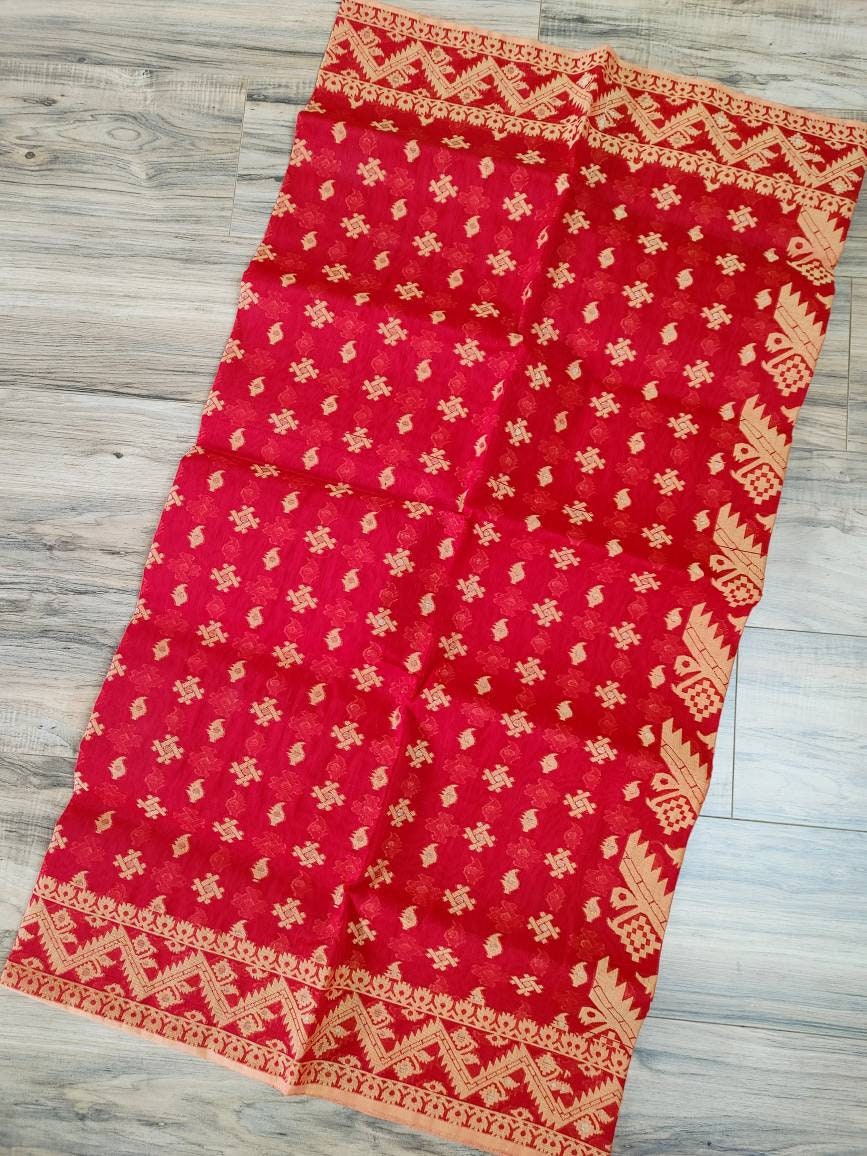 Semi Muslin Silk Saree, Beautiful Red Golden Thread Work, Elegant,Classy Party Ware, Made in Tangail, Bangladesh
