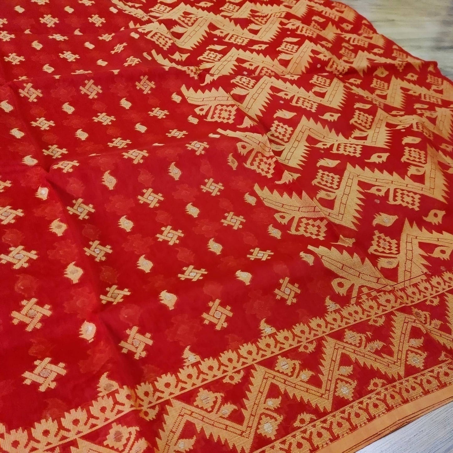 Semi Muslin Silk Saree, Beautiful Red Golden Thread Work, Elegant,Classy Party Ware, Made in Tangail, Bangladesh