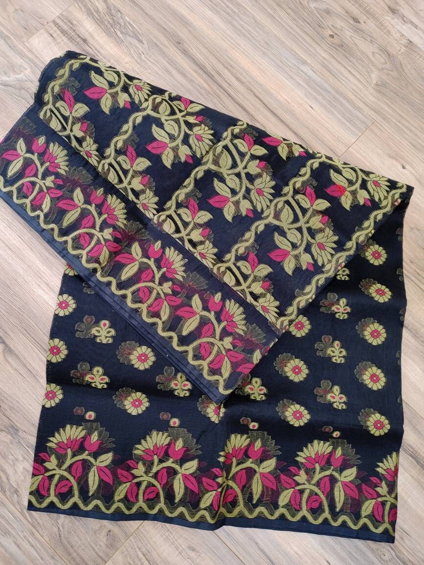 Tangail Tantuja Semi Muslin-Cotton Saree, Beautiful Black with Magenta-Golden Thread Work, Handwoven,Classy, Made in Tangail,Bangladesh