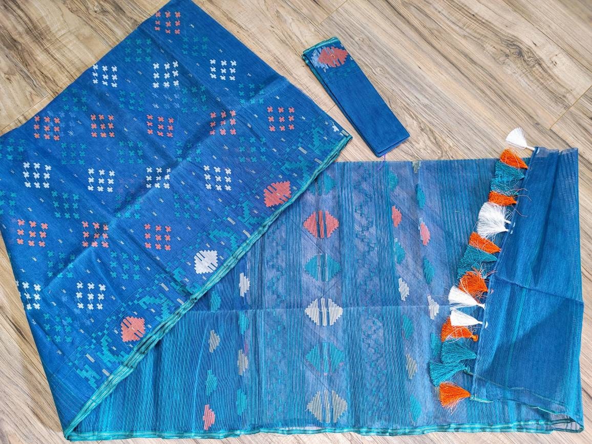 Original Dhakai Jamdani Saree, Green Peacock color, multi color work allover, Halfsilk, 84 count thread, Traditional,Elegant,Classy Saree