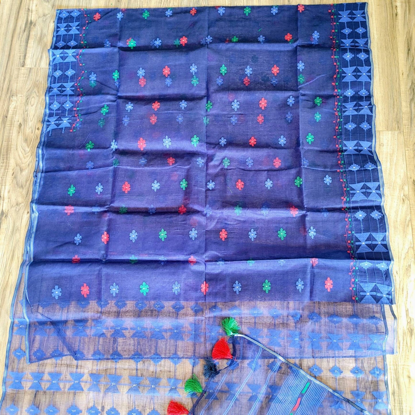 Original Dhakai Handloom Jamdani Saree, Blue Peacock color, multi color work allover, Halfsilk, 84 count, Elegant, Classy, Bangladeshi Saree